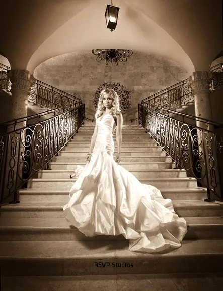 Bridal portrait on the grand staircase of The Bell Tower on 34th, Houston, TX.