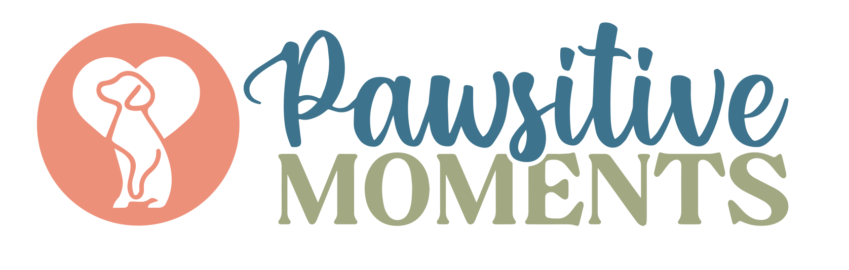 Pawsitive Moments logo with dog silhouette inside a heart and stylized script in coral, navy, and sage green.
